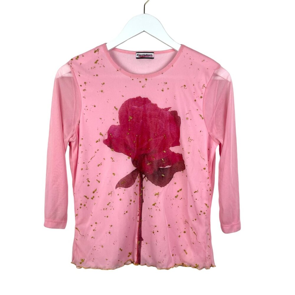 Vintage Evolution Shirt Womens Small Pink Rose Sheer Sleeve Lettuce Hem